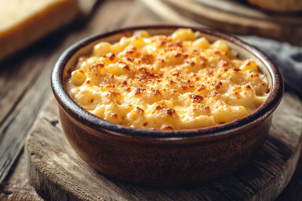 A creamy bowl of Cracker Barrel mac and cheese served on a rustic wooden table with Southern-style decor in the background.