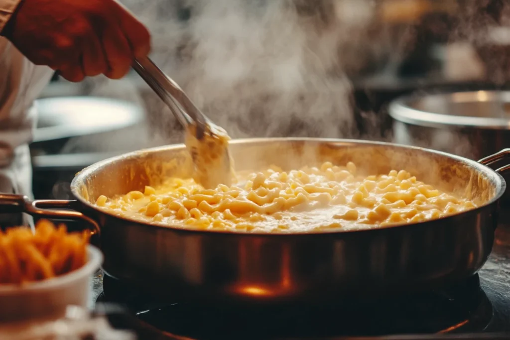 A chef stirring a pot of creamy cheese sauce for Cracker Barrel mac and cheese, with freshly cooked pasta in the background.