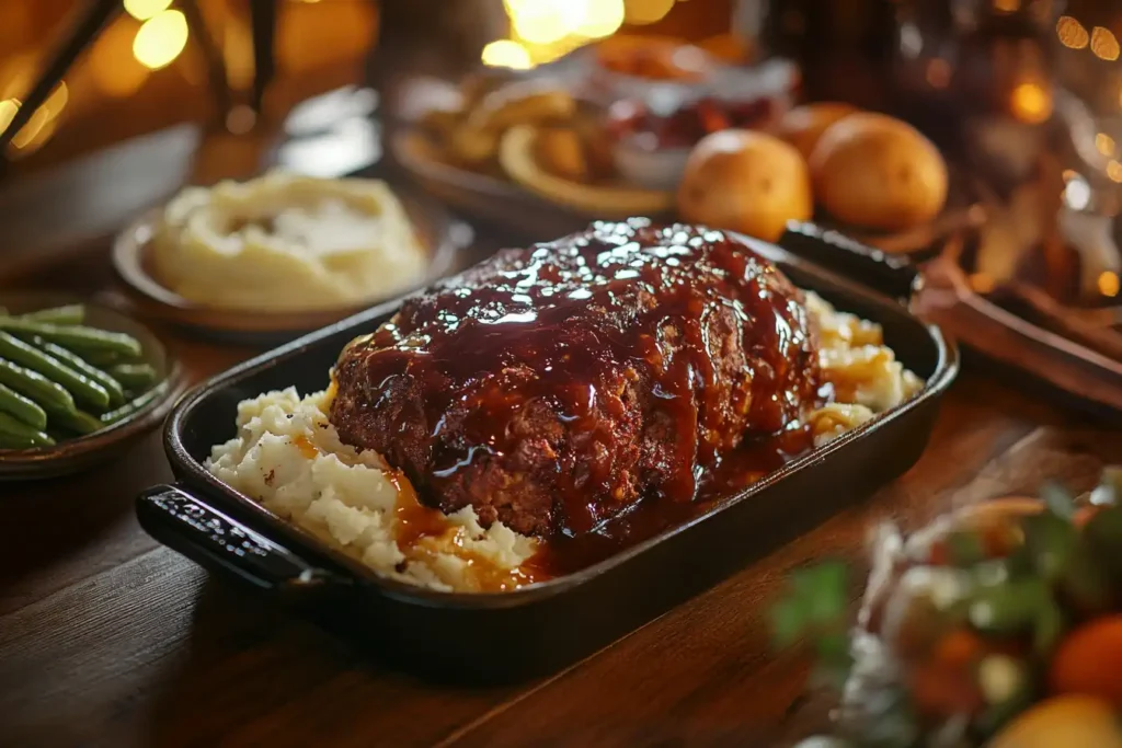 A perfectly baked meatloaf with a shiny glaze, sliced on a rustic wooden board with mashed potatoes and green beans on the side.