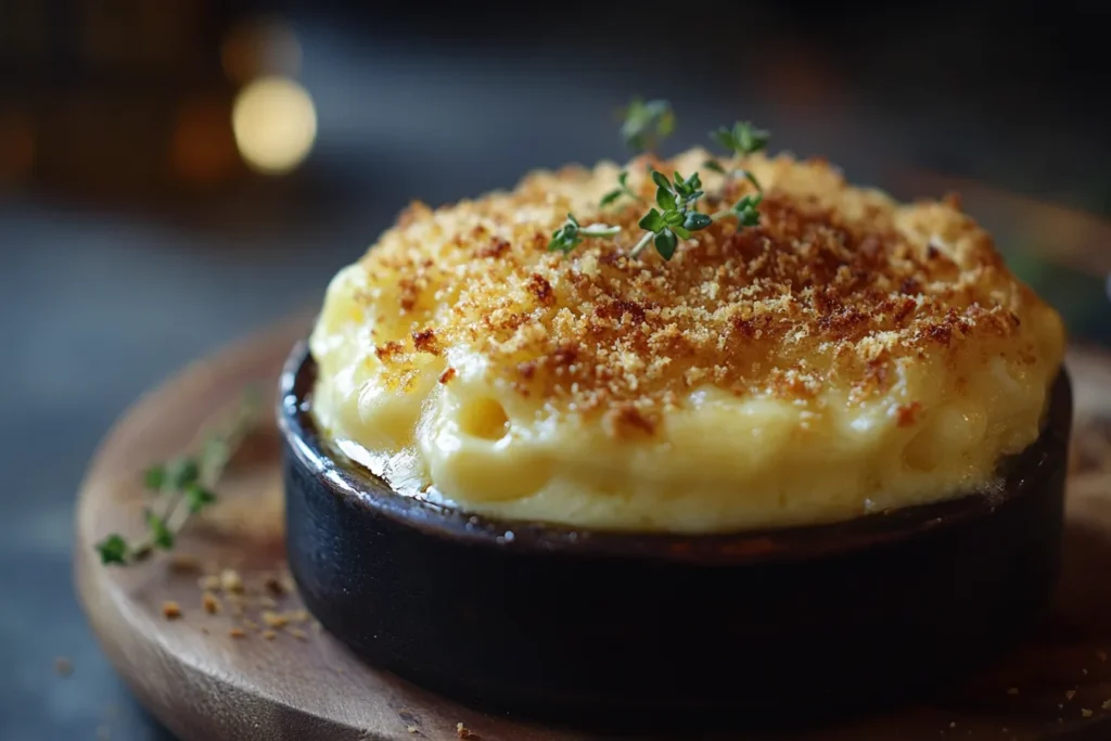 A creamy baked mac and cheese dish with golden breadcrumbs and fresh thyme leaves, inspired by Gordon Ramsay's recipe.