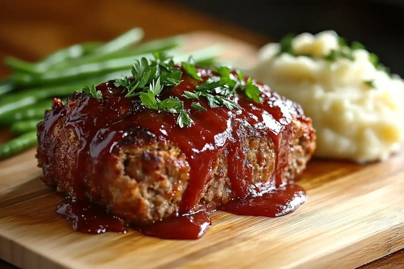Freshly baked meatloaf topped with glossy ketchup glaze, garnished with parsley, served on a wooden cutting board with mashed potatoes and green beans.