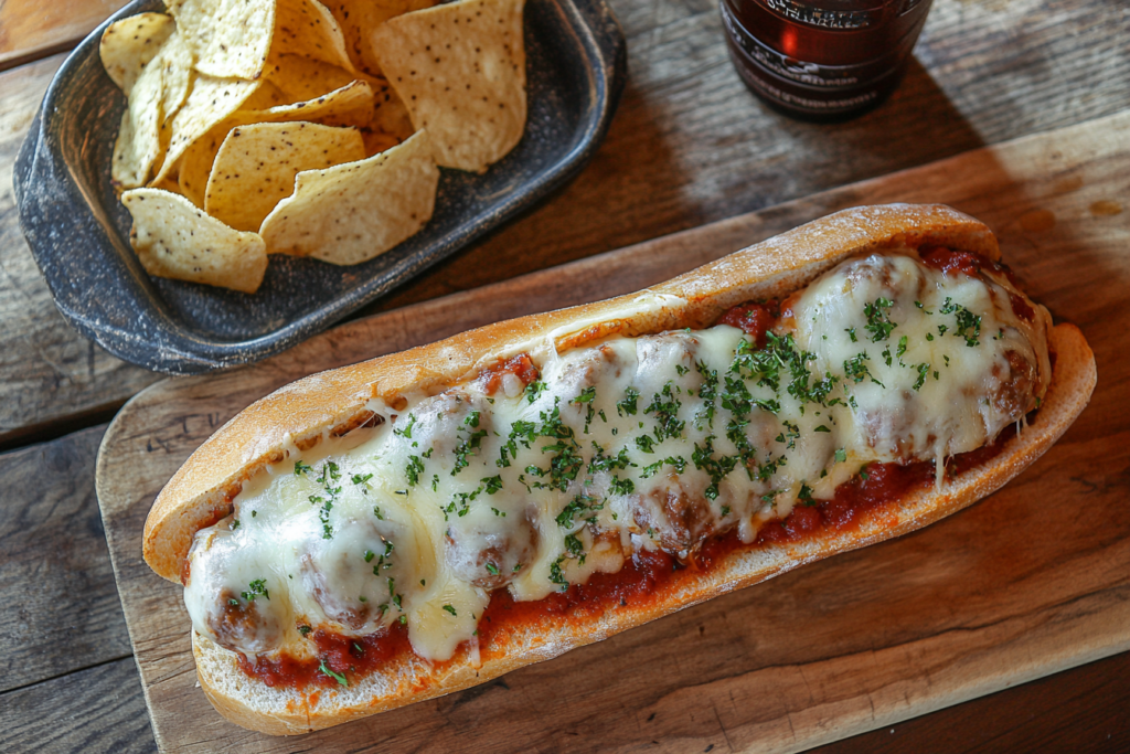 A freshly made firehouse meatball sub on a wooden board with melted provolone cheese, marinara sauce, and Italian herbs, accompanied by chips and a cold drink.