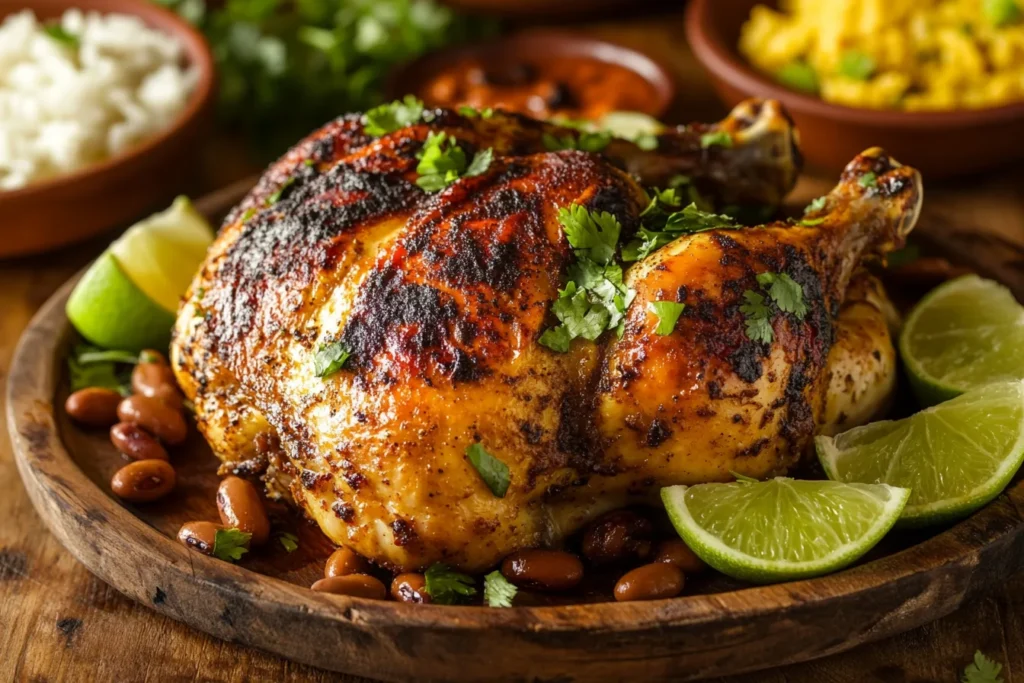 Golden-brown Brazilian roasted half chicken garnished with lime wedges and cilantro, served with traditional Brazilian sides.