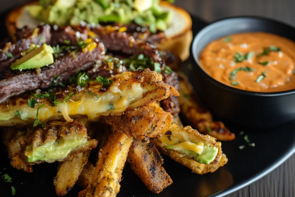 Crispy avocado fries with a side of dipping sauce next to a Philly cheesesteak sandwich on a white plate.