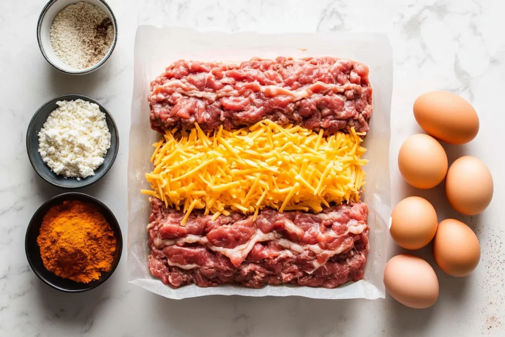 Ingredients for bacon cheeseburger meatloaf: ground beef, shredded cheese, bacon, breadcrumbs, eggs, and spices neatly arranged.