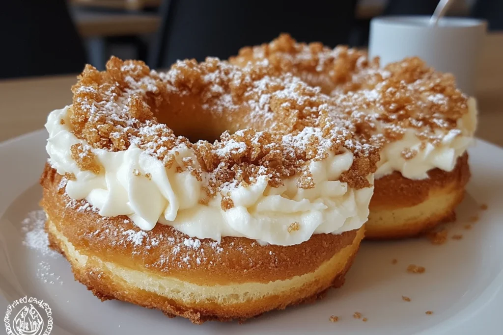 Bagel with cream cheese spread on a plate