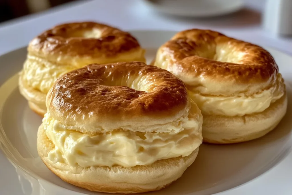 Bagel with cream cheese spread on a plate