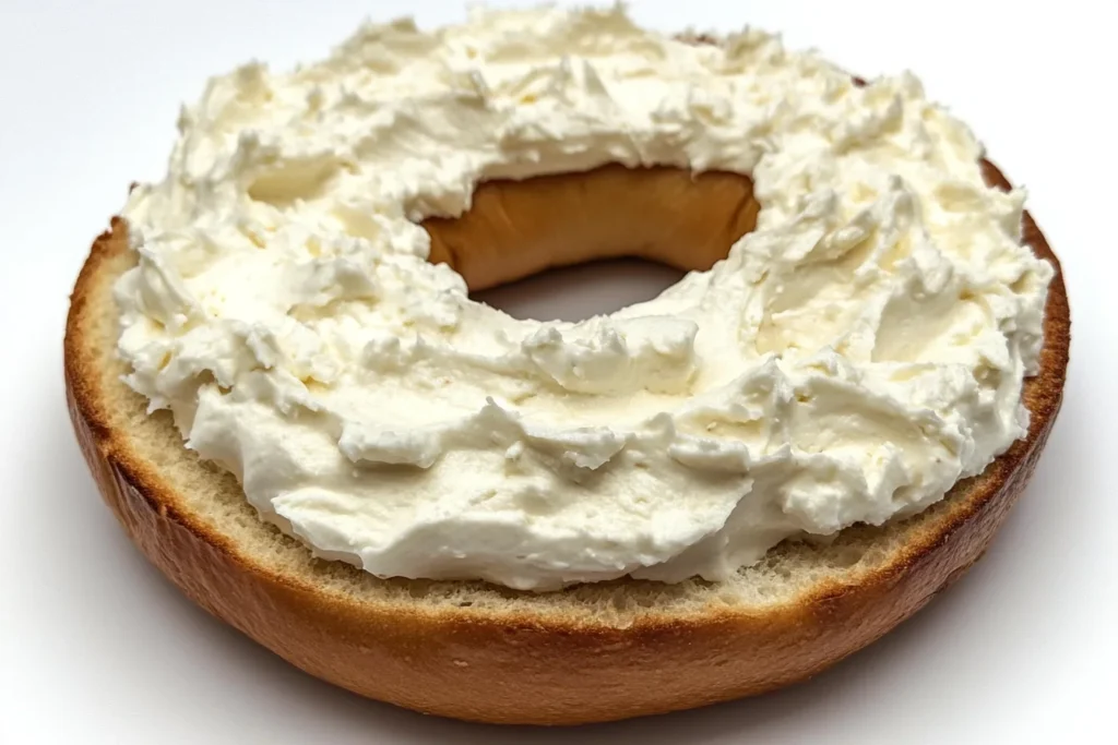 Bagel with cream cheese spread on a plate