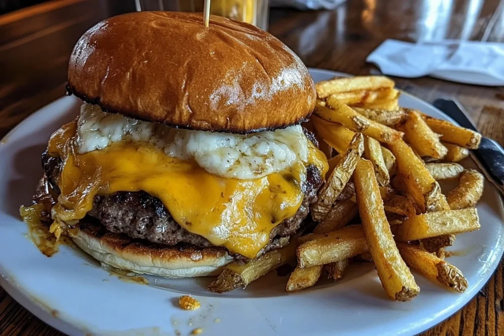 A classic cheeseburger with melted cheese, lettuce, and tomato served alongside crispy golden fries on a serving tray.