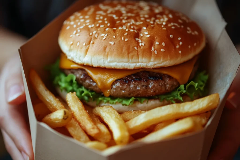 A juicy cheeseburger with lettuce and tomato served next to a pile of crispy golden French fries