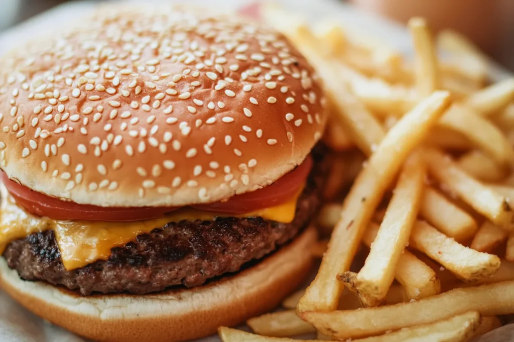 A delicious cheeseburger with melted cheese, lettuce, tomato, and a side of golden crispy fries served on a wooden table.