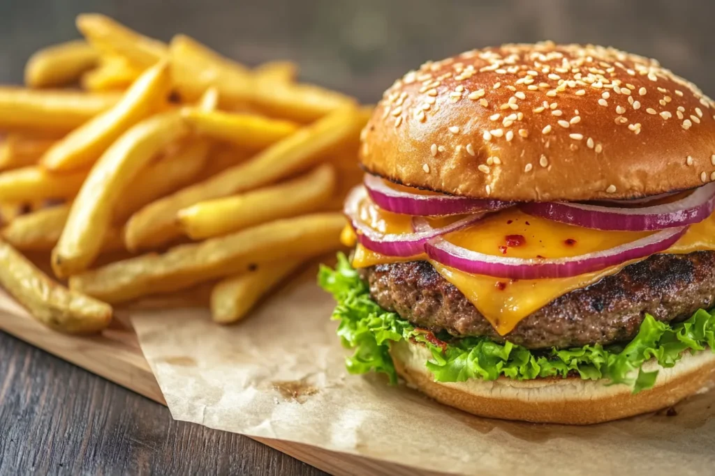 A step-by-step illustration of assembling a cheeseburger with buns, patty, cheese, toppings, and fries on the side.