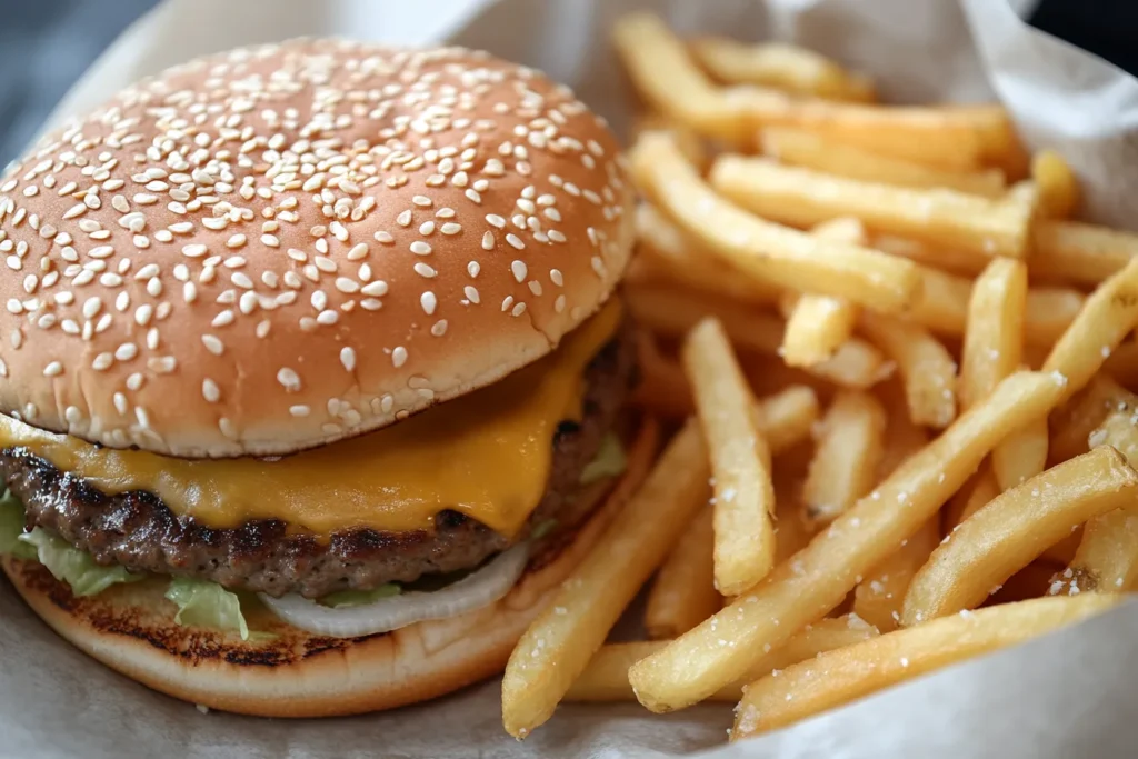 A lean cheeseburger served with baked sweet potato fries.