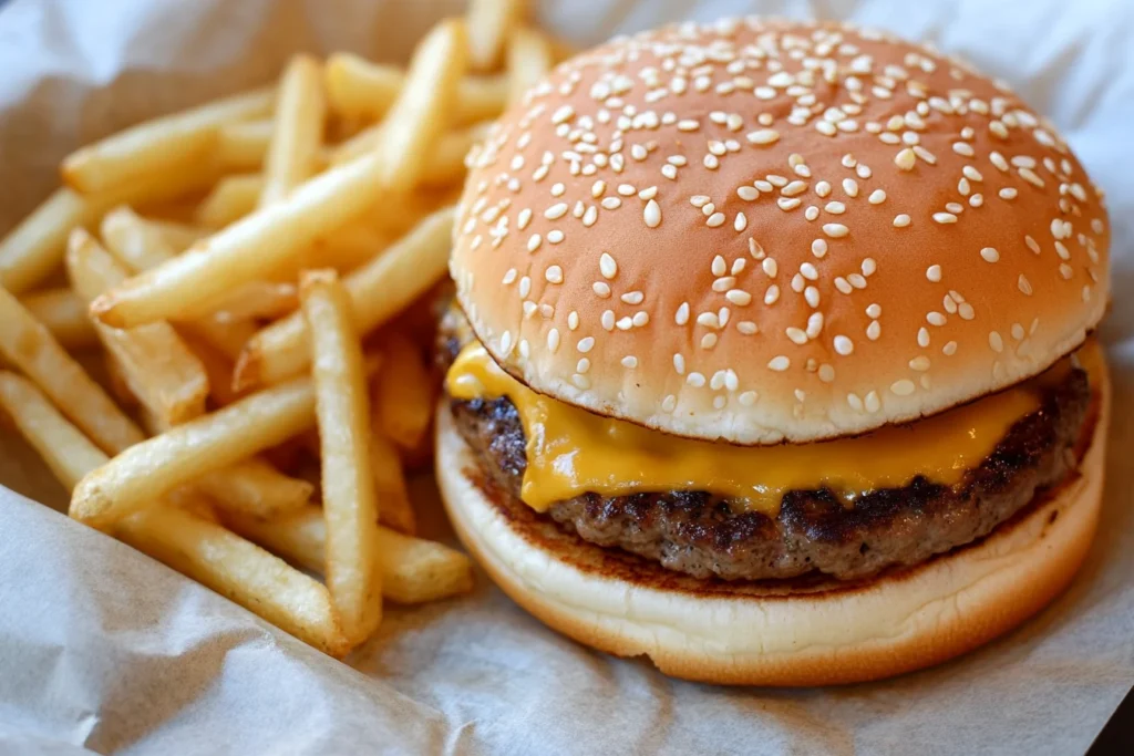 A juicy cheeseburger with a side of golden fries served on a rustic wooden plate.