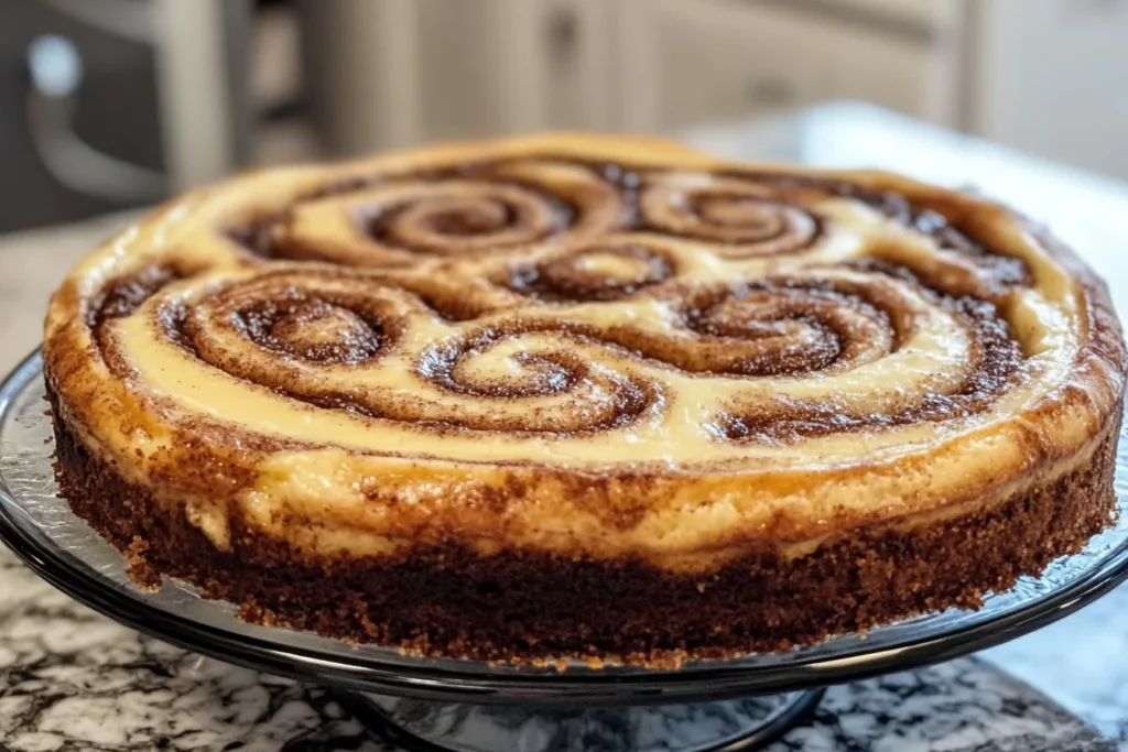 A plated cinnamon roll cheesecake with a cinnamon sugar swirl on top, drizzled with cream cheese icing.