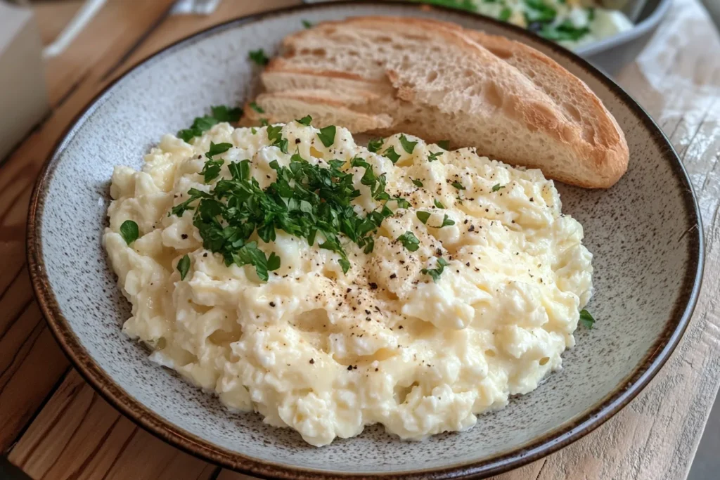 Scrambled eggs mixed with cottage cheese on a white plate