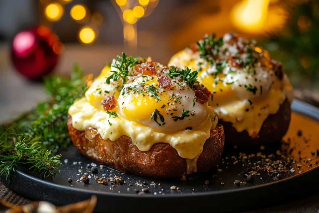 Eggs Benedict and Eggs Royale side by side on white plates