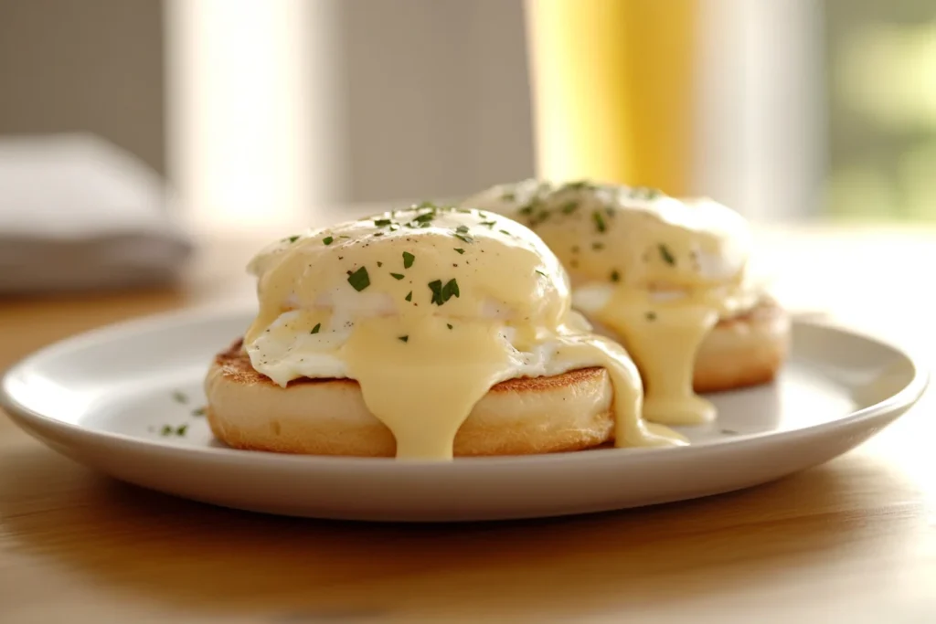 Eggs Benedict with Canadian bacon and Eggs Royale with smoked salmon on white plates.