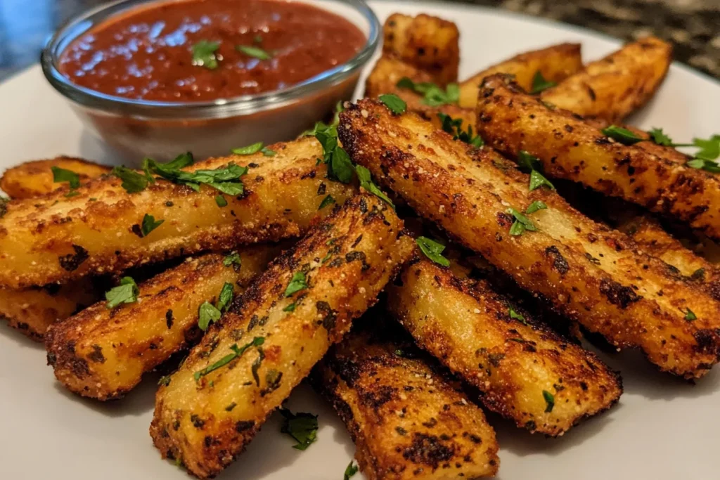 A plate of golden French fries served with ketchup on the side.