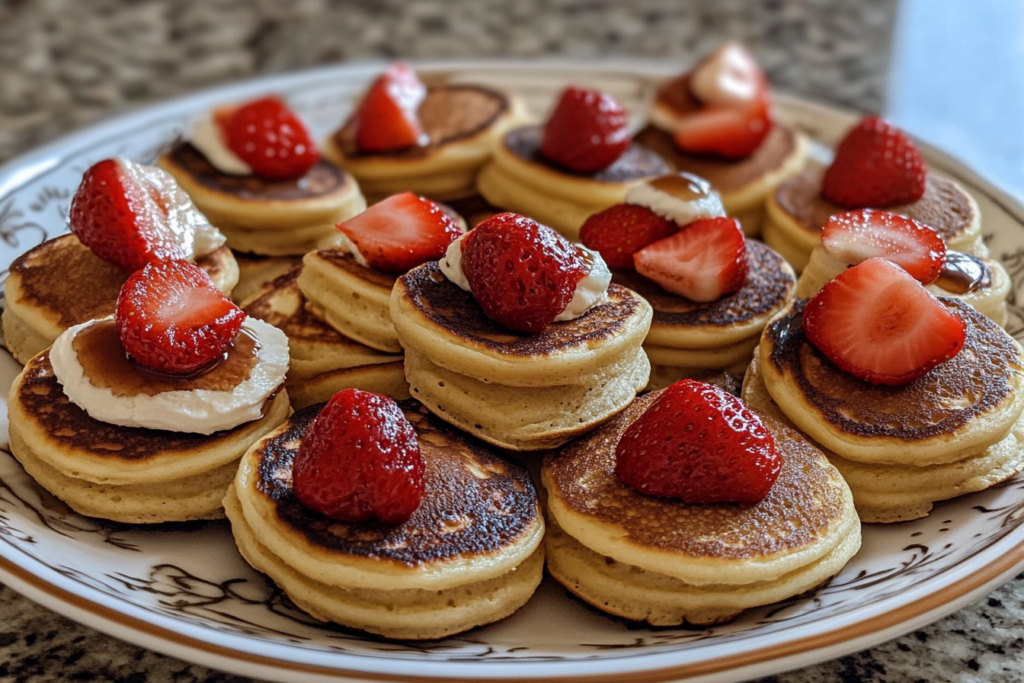 A stack of crispy Eggo mini pancakes with fresh strawberries and maple syrup on a white plate.
