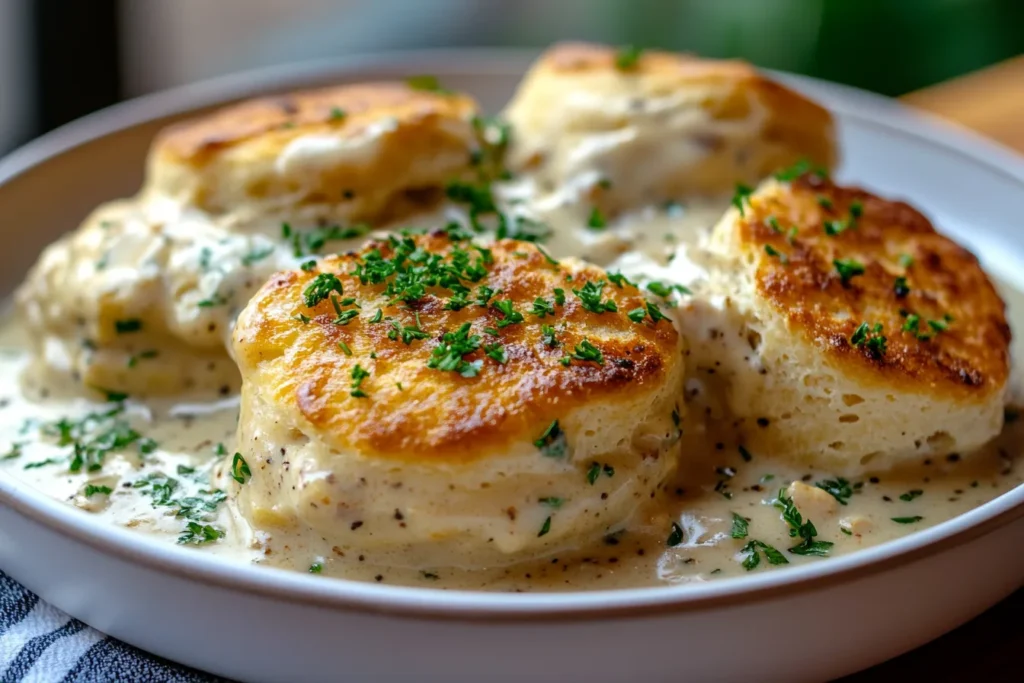 Vegan biscuits and gravy made with plant-based sausage and almond milk gravy, served on a wooden plate.