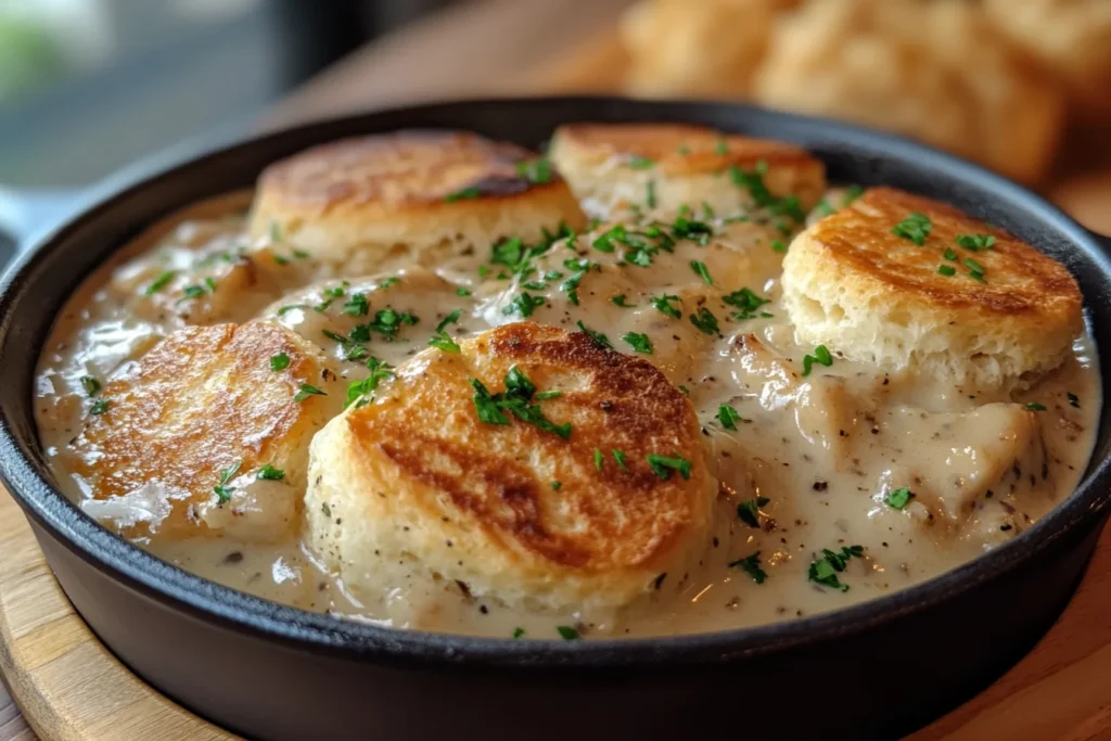Biscuits and gravy variation with cheddar cheese melted into the sausage gravy, served hot.