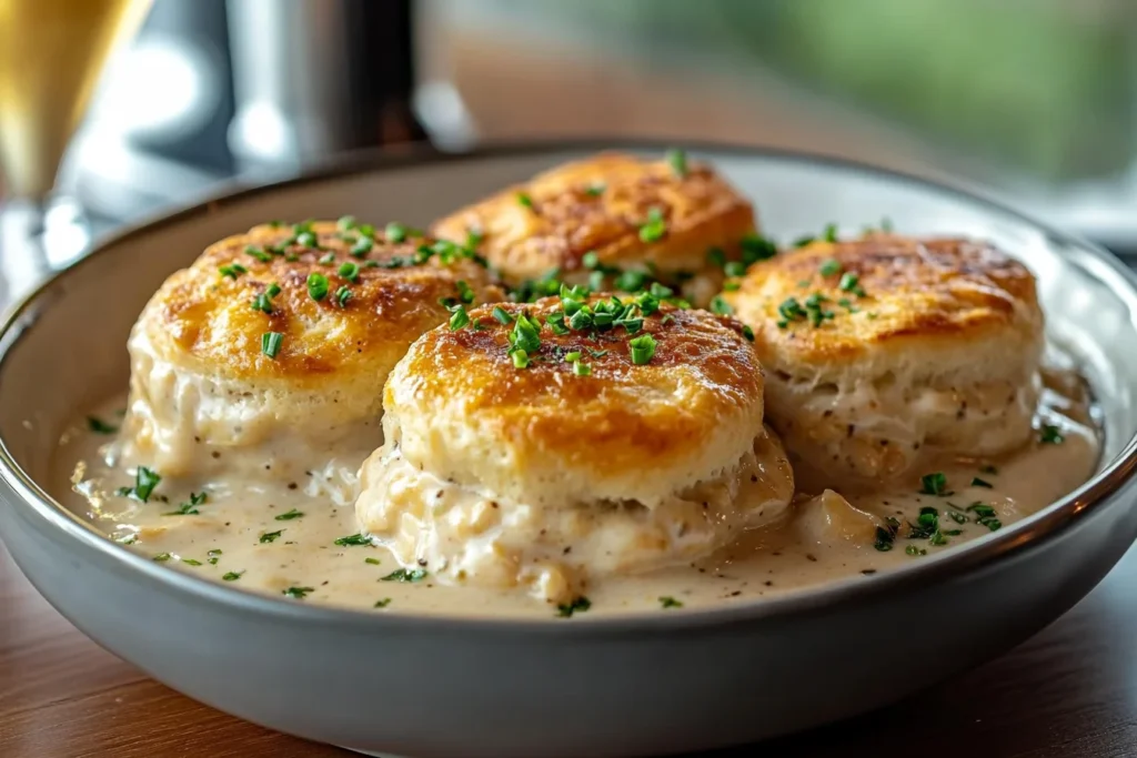 Close-up of flaky biscuits covered in creamy chicken gravy with tender chicken pieces and fresh herbs.