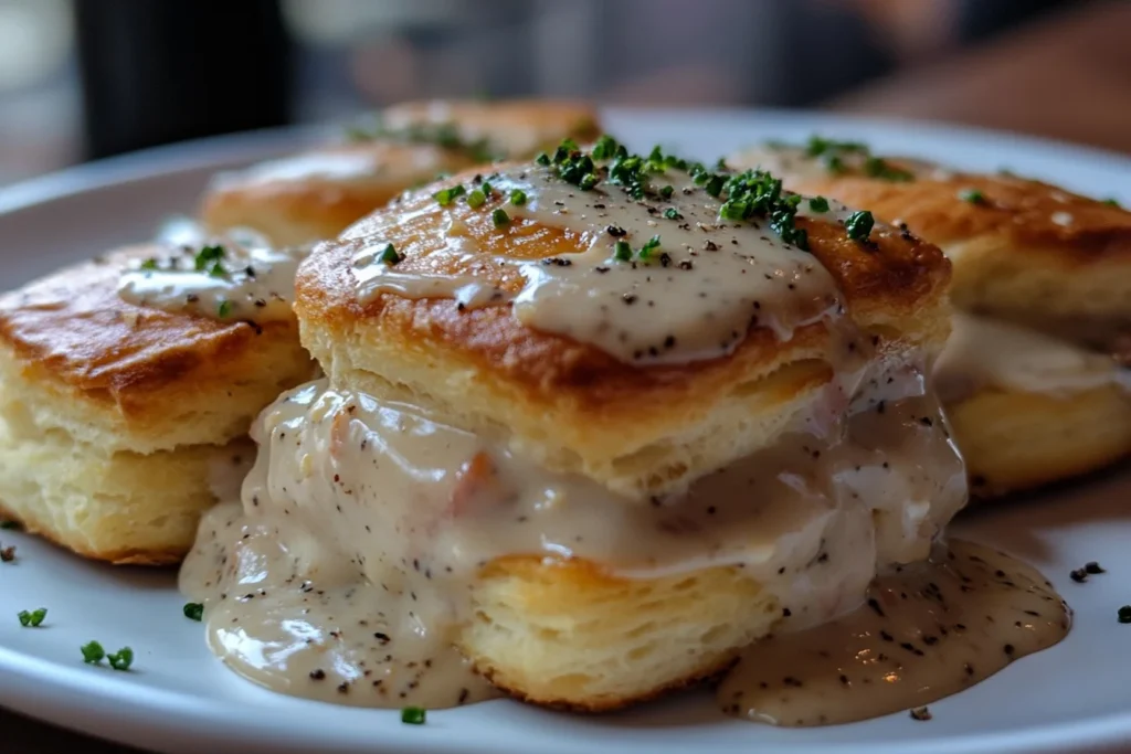 A complete meal with chicken biscuits and gravy, sautéed greens, and iced tea on a wooden table.