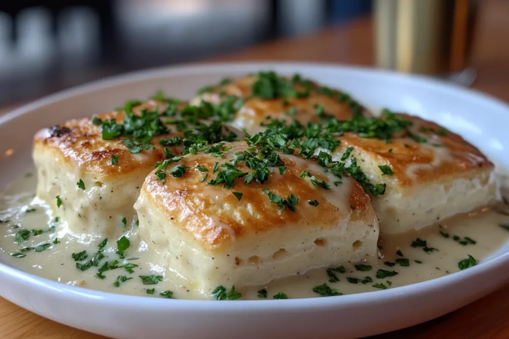 A plate of golden biscuits topped with creamy chicken gravy, garnished with parsley, showcasing a classic comfort food dish.