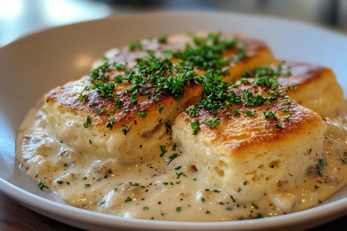 A plate of fluffy biscuits topped with thick, creamy chicken gravy and garnished with fresh parsley.