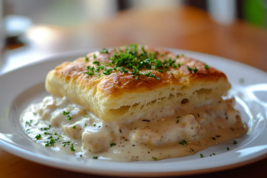 A spoon dipping into thick, glossy chicken gravy with visible specks of black pepper and herbs.