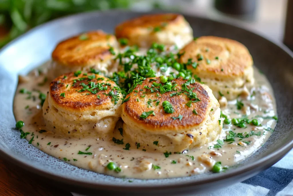A table spread with chicken and biscuits, a gravy boat filled with creamy gravy, and side dishes like mashed potatoes and green beans.