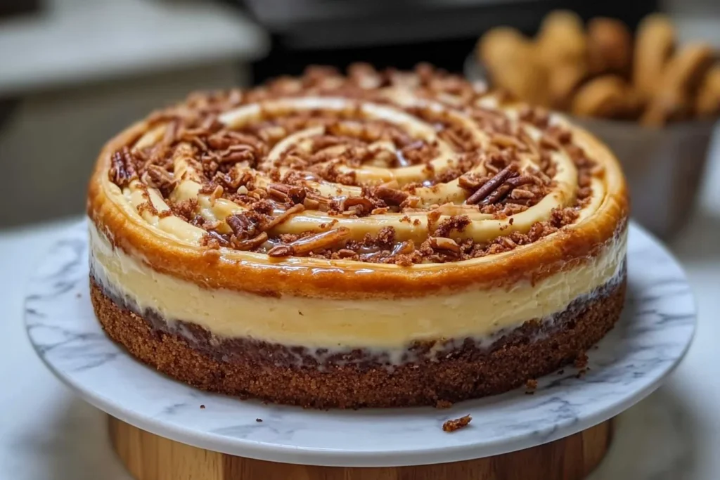 A close-up of a cinnamon roll showing its soft, moist layers and caramelized base.