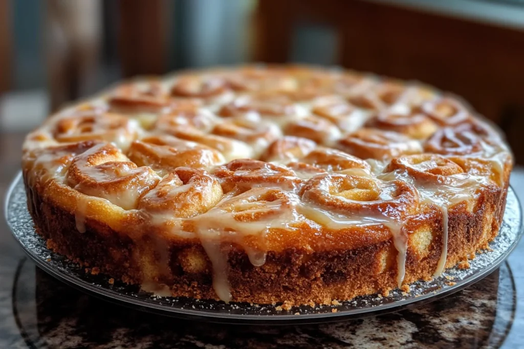 A cinnamon roll with creamy frosting dripping over its gooey layers.