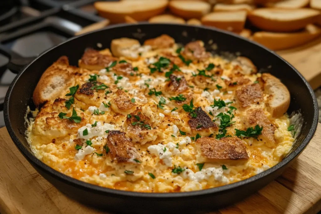 Plate of scrambled eggs mixed with cottage cheese garnished with chives