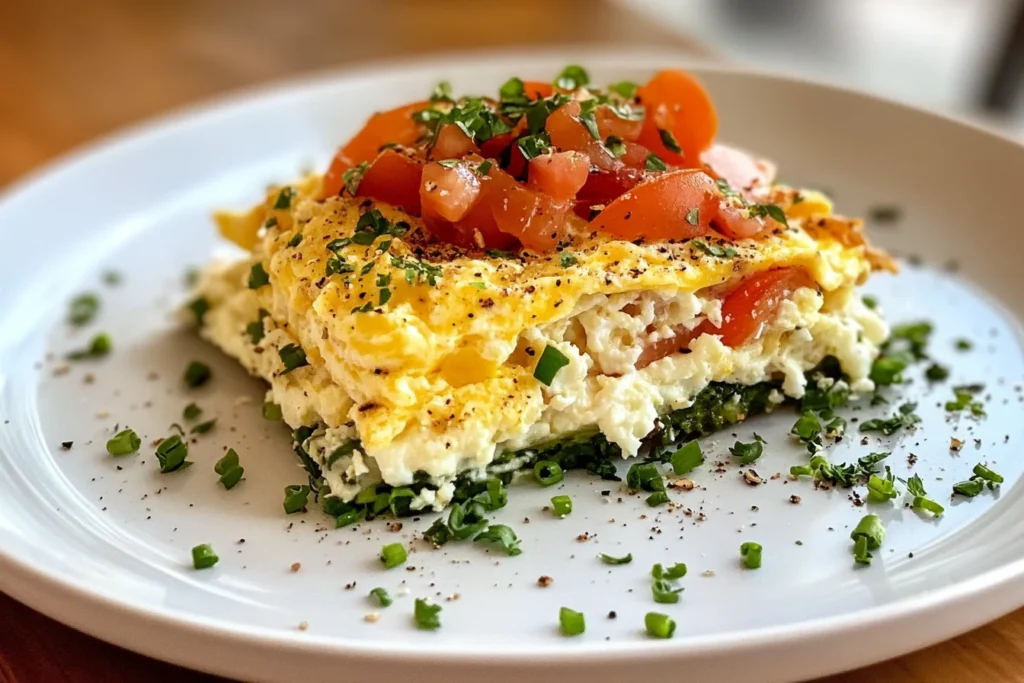 Plate of scrambled eggs mixed with cottage cheese garnished with chives