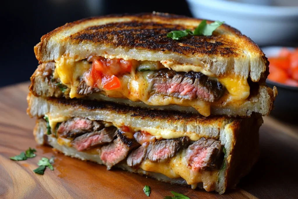 A cross-section of a steak grilled cheese burrito showing juicy steak, seasoned rice, and melted cheese inside a grilled tortilla.