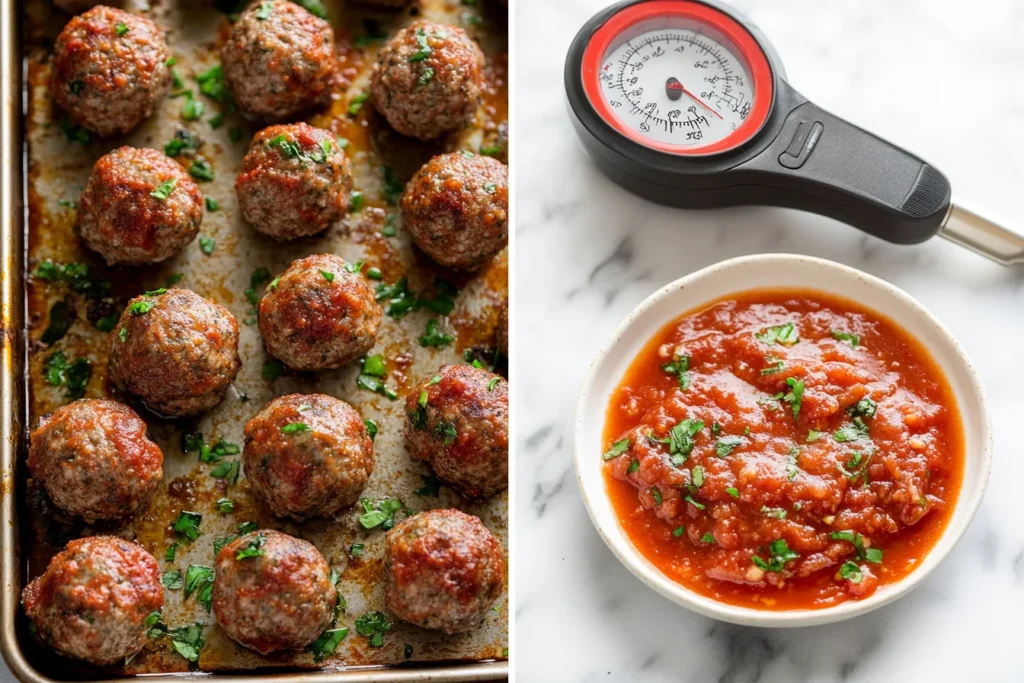 Step-by-step process of preparing and baking meatballs in the oven, including arranging them on a baking sheet and checking their temperature with a meat thermometer.