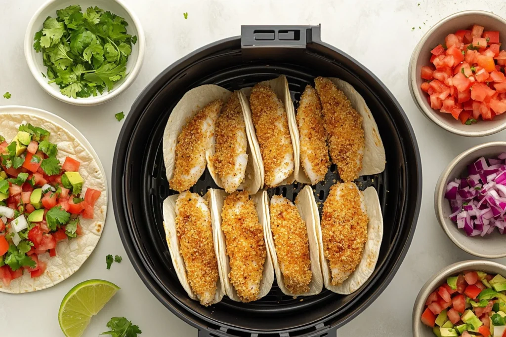 A collage of the air fryer fish taco-making process, showing fish fillets being seasoned, cooked in the air fryer, and assembled with toppings.