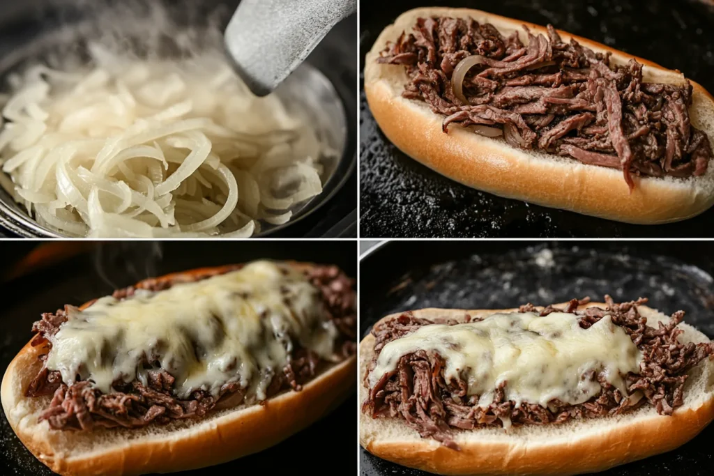 Thinly sliced ribeye being cooked, fried onions in a skillet, melted cheese on beef, and the final sandwich assembled on a hoagie roll.