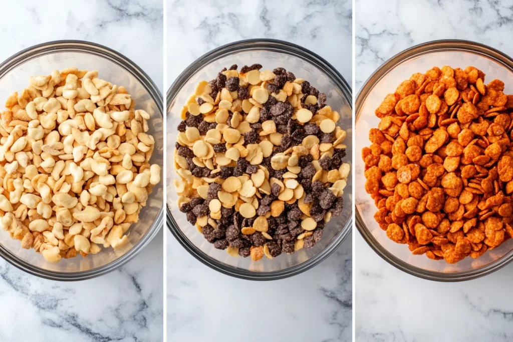 A bowl of spicy Texas Trash snack mix with Chex cereal, pretzels, and nuts.