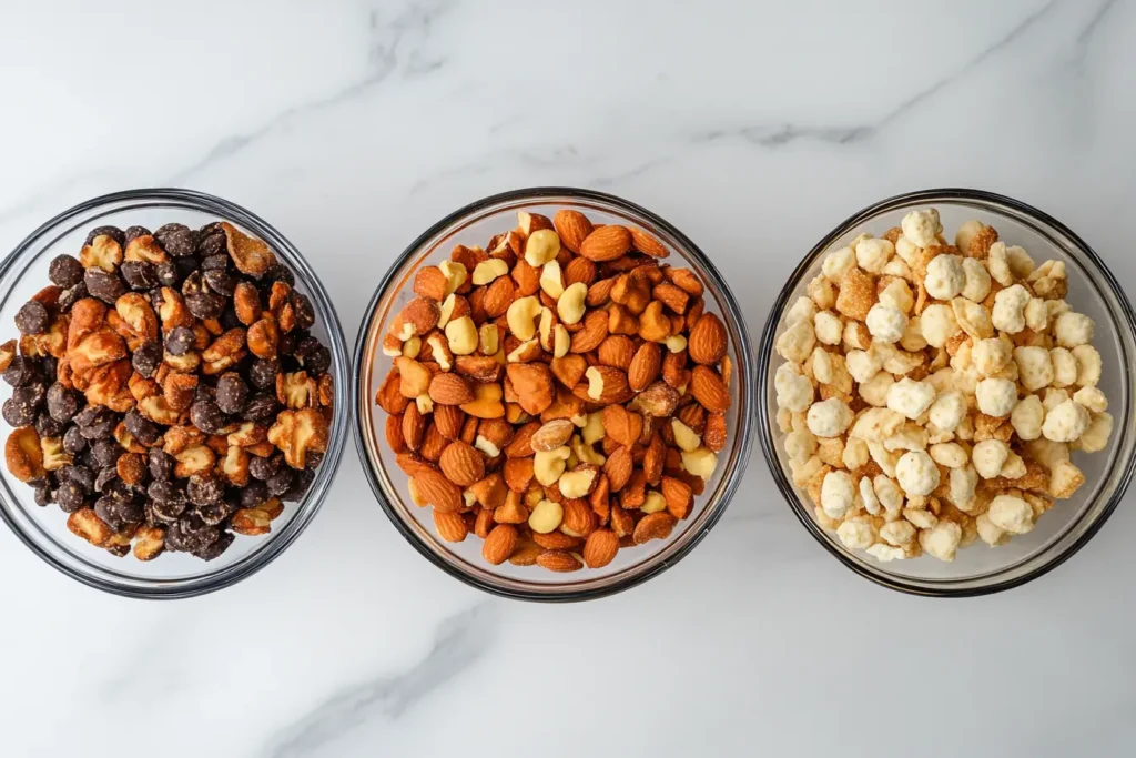 A bowl of spicy Texas Trash snack mix with Chex cereal, pretzels, and nuts.