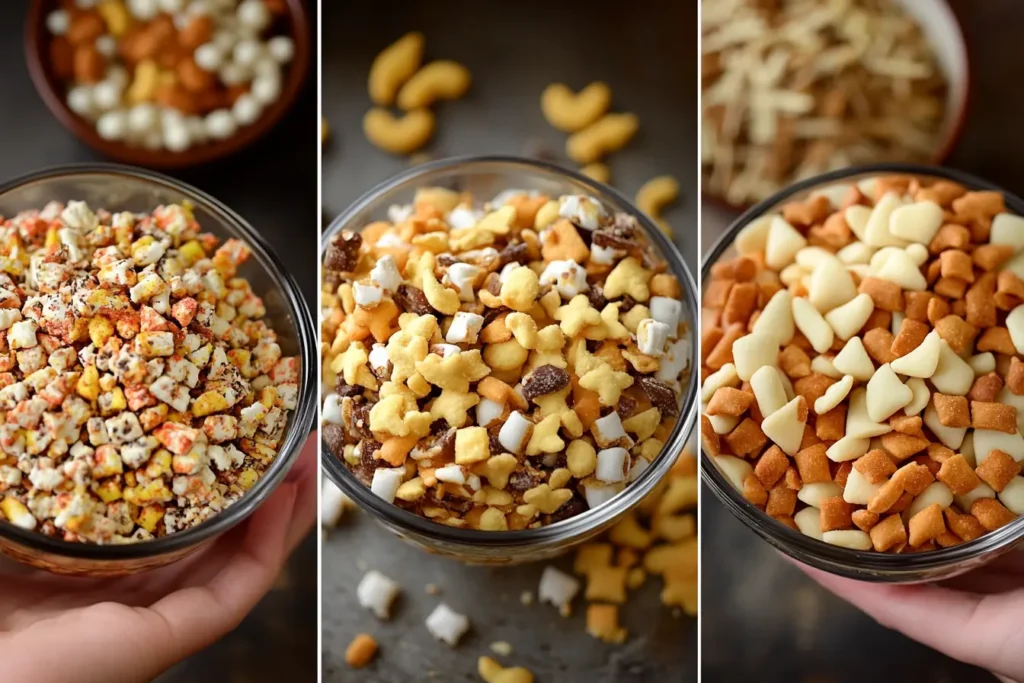 A bowl of spicy Texas Trash snack mix with Chex cereal, pretzels, and nuts.