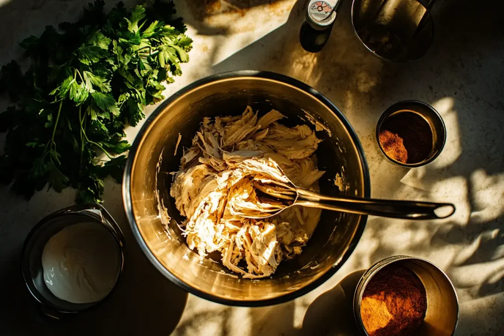 Ingredients for million dollar chicken casserole, including shredded chicken, cream cheese, sour cream, and a mixing bowl on a countertop.