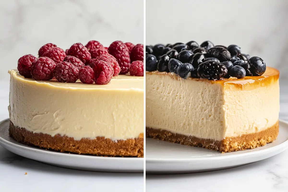 A visual comparison showing cream cheese cake on the left, light and fluffy, and cheesecake on the right, dense and rich.