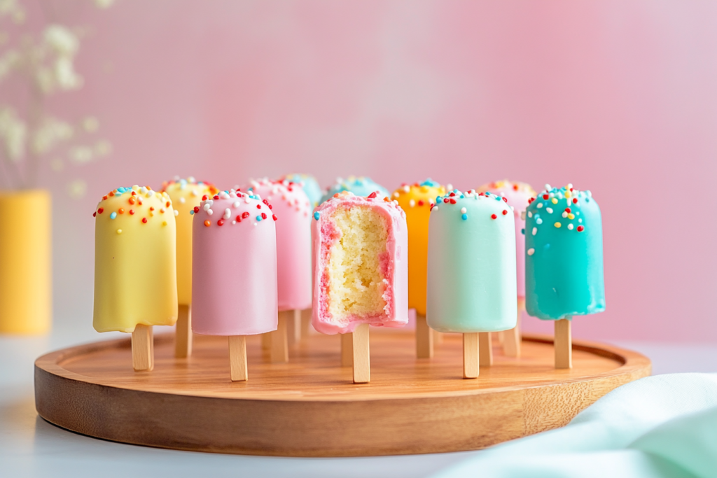 A variety of colorful cakesicles neatly stored in airtight containers to preserve their freshness.