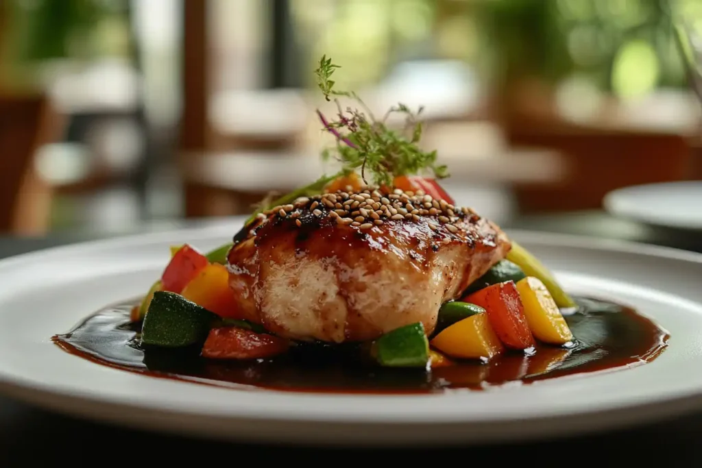 A plate of Empress Chicken with crispy chicken pieces coated in a glossy sauce, served with jasmine rice.