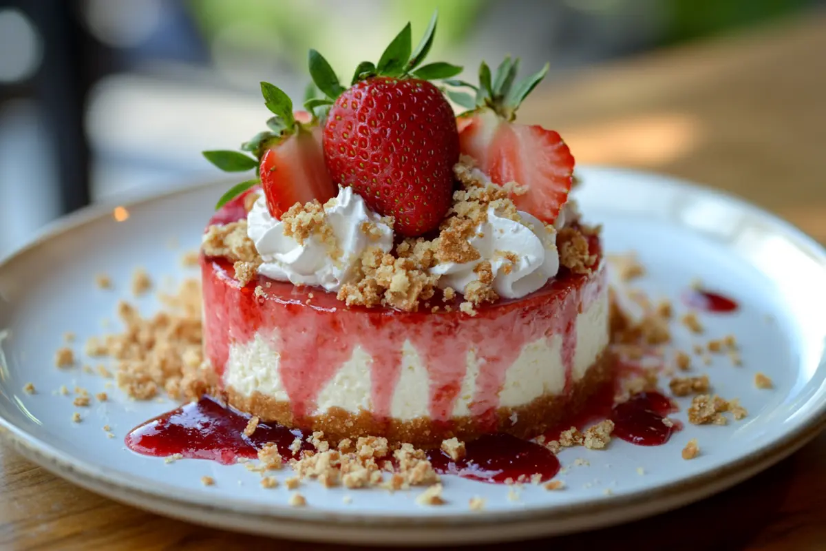 A whole strawberry crunch cheesecake with a vibrant strawberry topping and crunchy cookie crust, garnished with fresh strawberries.