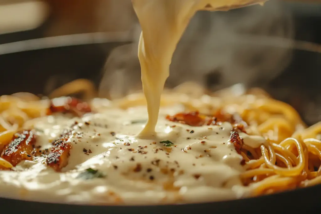 Alfredo sauce being poured over cooked spaghetti in a pan