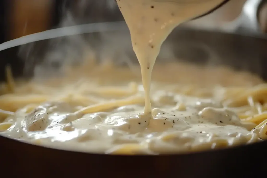 Steaming plate of creamy Alfredo Spaghetti garnished with parsley